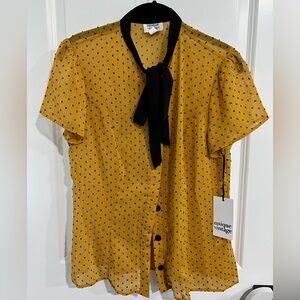 Unique Vintage Mustard Blouse with Black Polka Dots